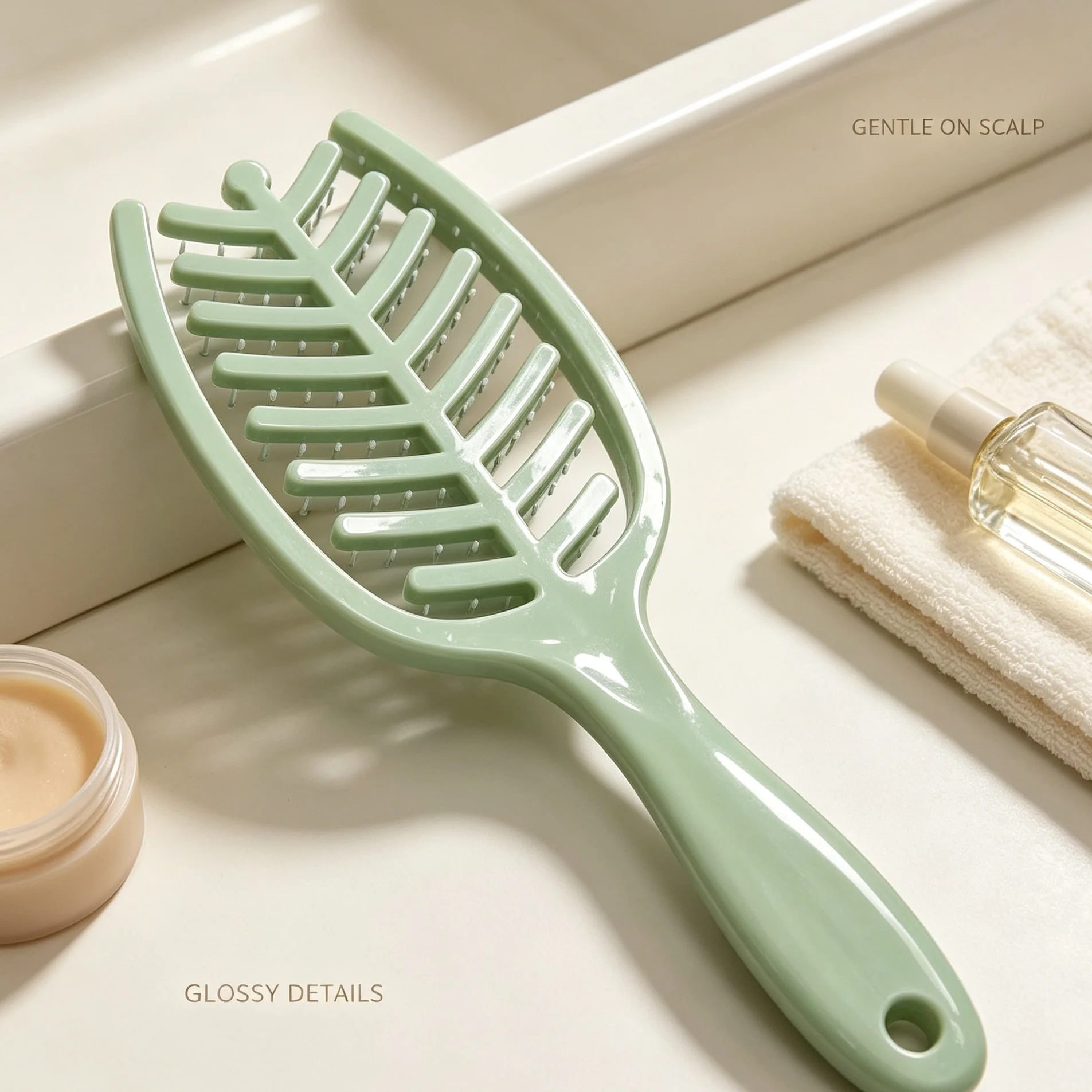 A leaf-shaped hollow hair comb with rounded polished tips on the teeth.