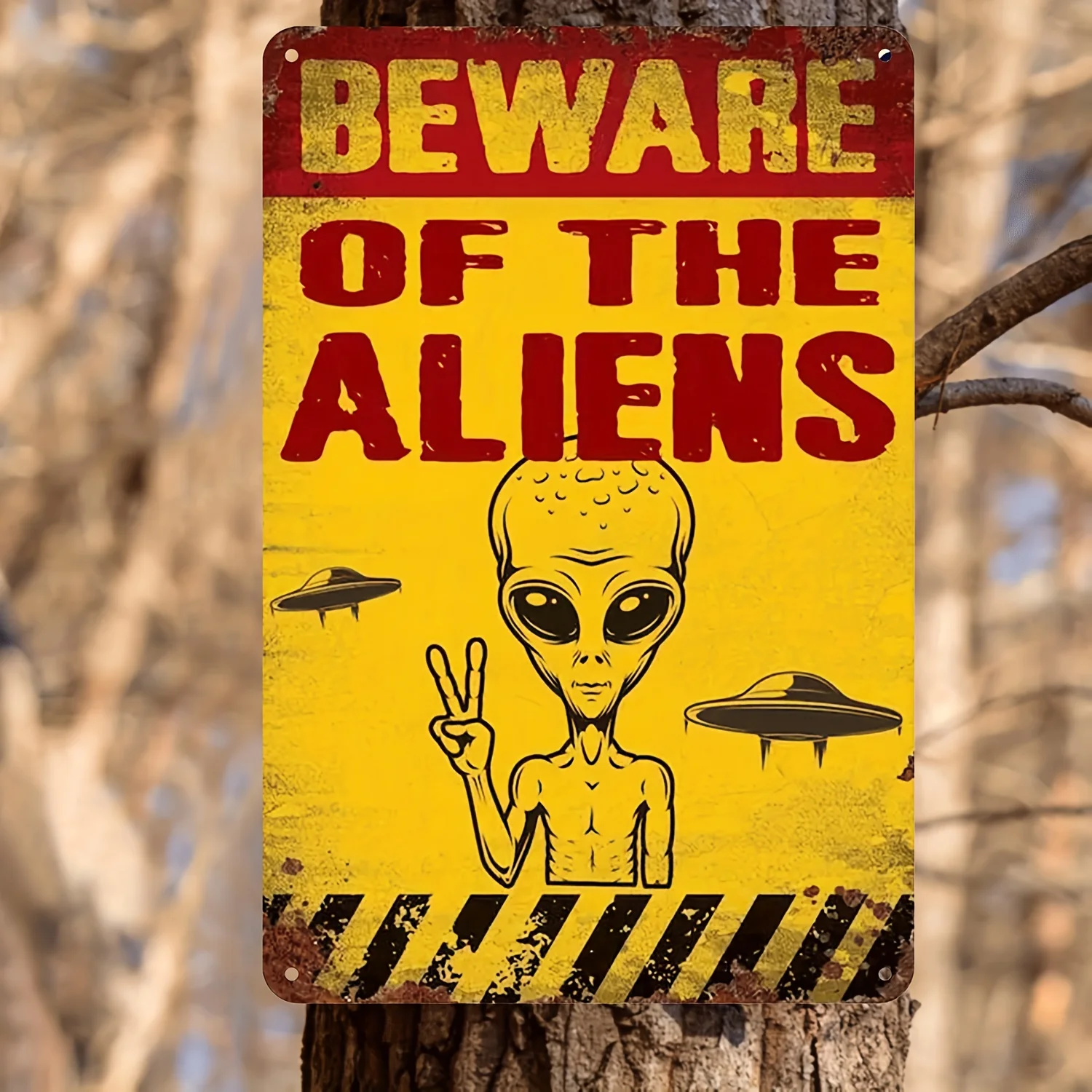 Retro Alien Invasion Metal Sign -  Vintage Wall Art, Beware of the Aliens Design with UFOs and Alien, for Bar, Pub, Cafe,