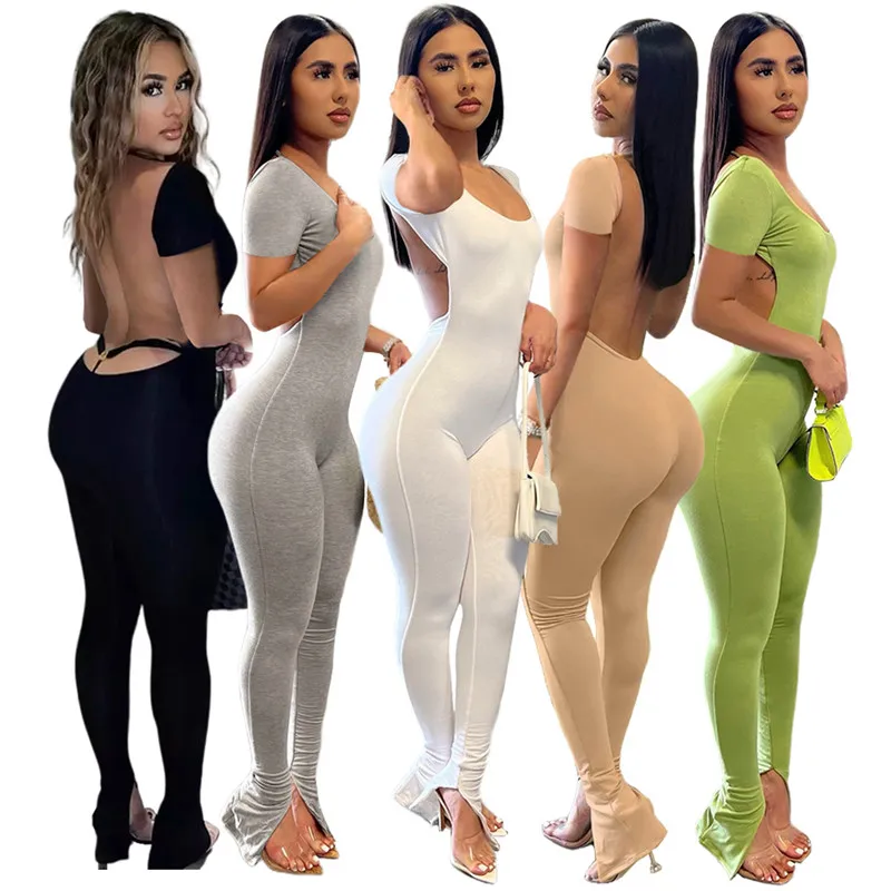 Summer Short Sleeve Sexy Women Jumpsuits Fashion Open Back Skinny Casual Rompers Green Black One Piece Backless Outfits Party