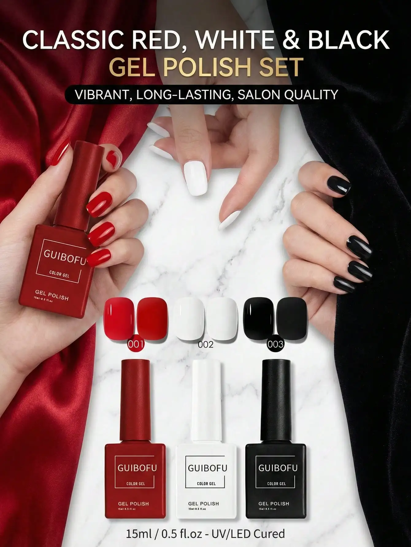 3Pcs/set 15ml Classic Solid Color Gel Polish, Red, White, Black, Semi Permanent Soak Off UV LED Design Manicure Set