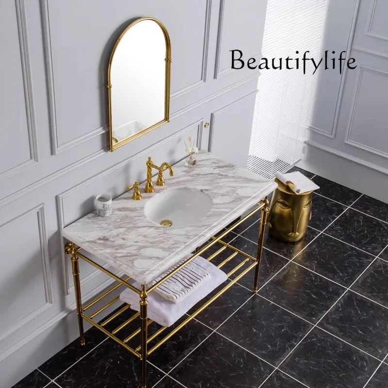 BJ Light Luxury Retro Floor Bracket Marble Washbasin Bathroom Balcony Washbasin Designer Model