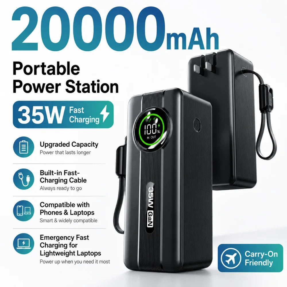 New 20000mAh Rechargeable Notebook Power Bank 35W Super Fast Charging AC Plug Built-in Cable Mobile Power Supply