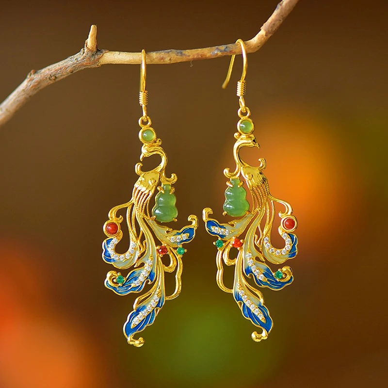

Natural Hetian Jade & Jasper Phoenix Earrings, 925 Sterling Silver Gold Plated with Enamel, Chinese Style Jewelry for Women