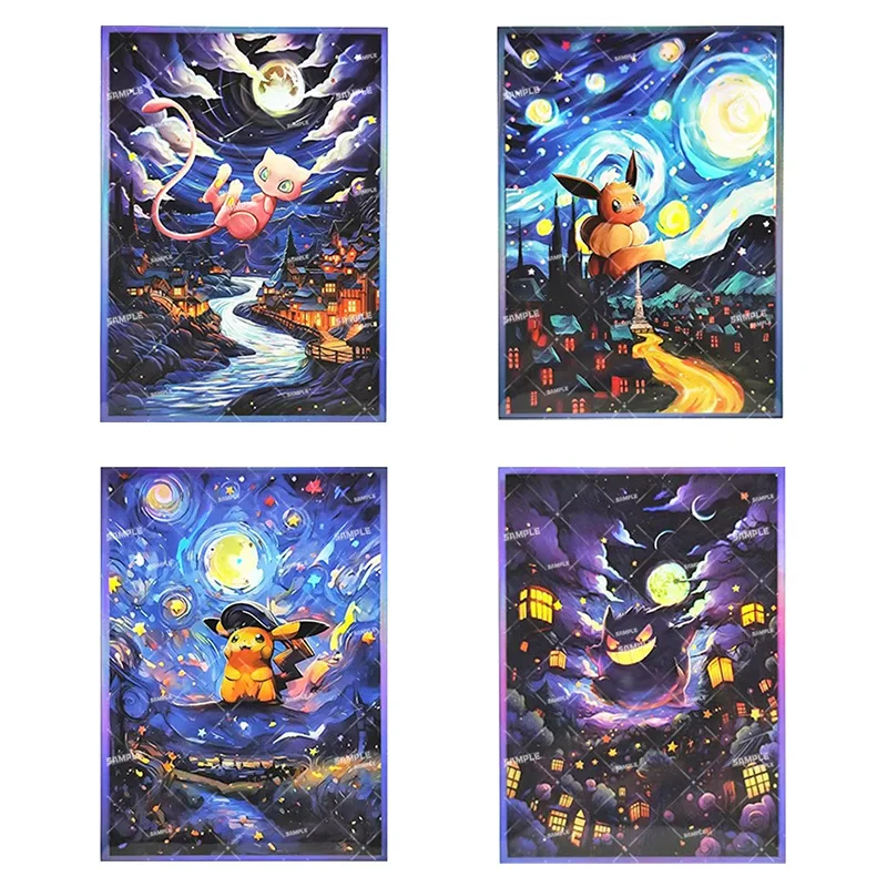 60Pcs/Set 66*91mm Anime Pokemon PTCG Kawaii Flash Card Sleeve Starry Night Series Mew Pikachu Gengar Eevee Collectibles Gift Toy