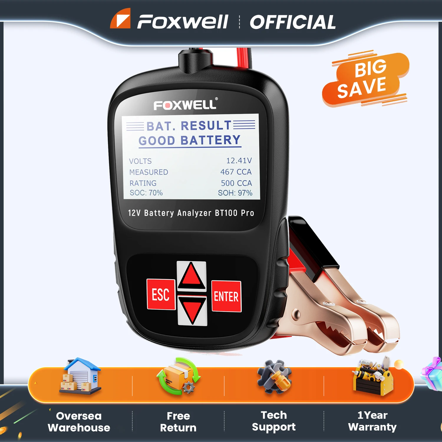 

FOXWELL BT100 Pro 12V Car Battery Tester Auto Cranking Charging Circuit Tester Automotive Alternator Battery Analyzer Tools