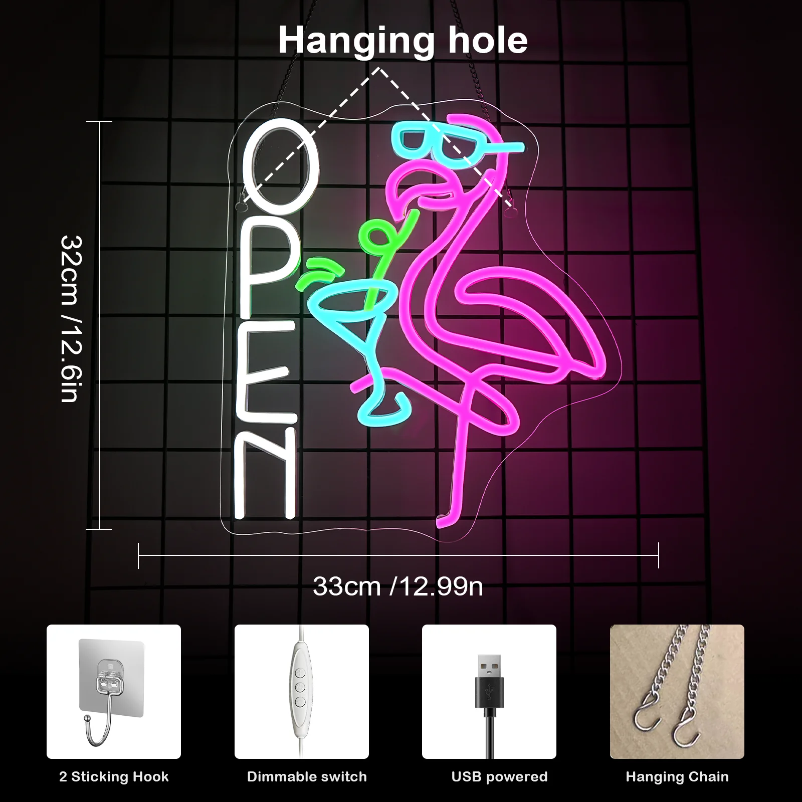 Flamingo Cocktail Open Neon Sign USB Powered Dimmable Neon Light for Living Room Bar Club Wall Decor Personzalized Kids Gift