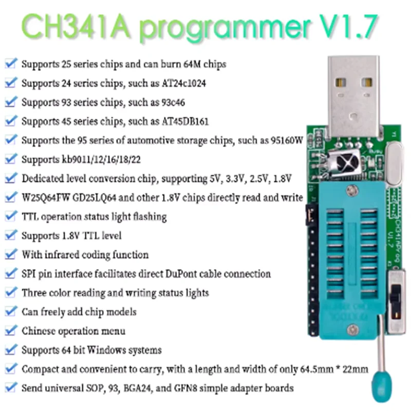 XINANDI CH341A Programmer V1.7 1.8V Level Shift W25Q64FW W25Q128FW Gd25LQ64