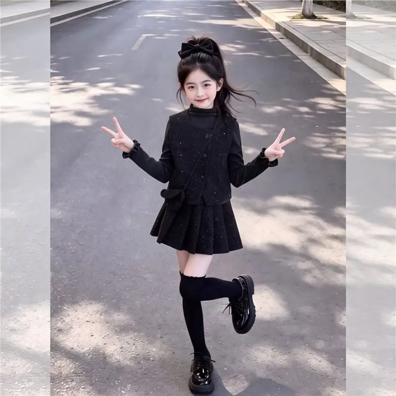 Autumn Winter Girls 2pc Clothing Set Teenager Kids Top Vest Cardigan Black Mini Pleated Skirt Children 4 6 8 10 12 14 Years