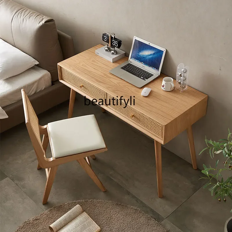 Nordic rattan solid wood desk and chair combination simple small apartment computer table ash wood calligraphy table