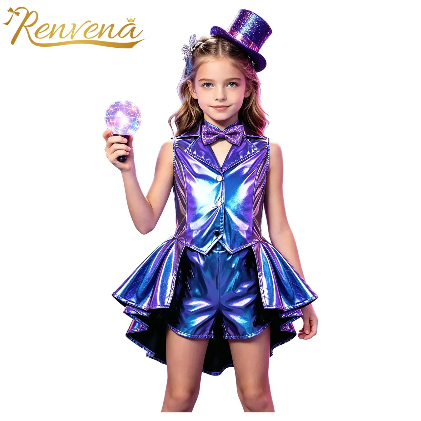 Kids Girls Waistcoat Metallic Magician Circus Outfit Children's Sleeveless Peplum Vests Top for Magic Show Performances Costume