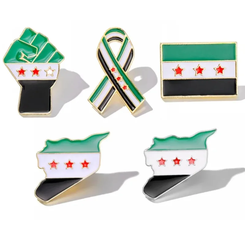 Syria Flag Pins Badge Syrian Arab Republic Syrian Map Brooches Metal National Emblem Fist Ribbon Clothes Lapel Pins Decorate