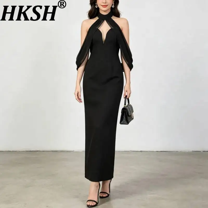 

HKSH Women Sexy Long Dress Halter Neck Pleated Mesh Patchwork Waist Cinching Slim Fit Backless Chic High-end Ins Dresses HK23185
