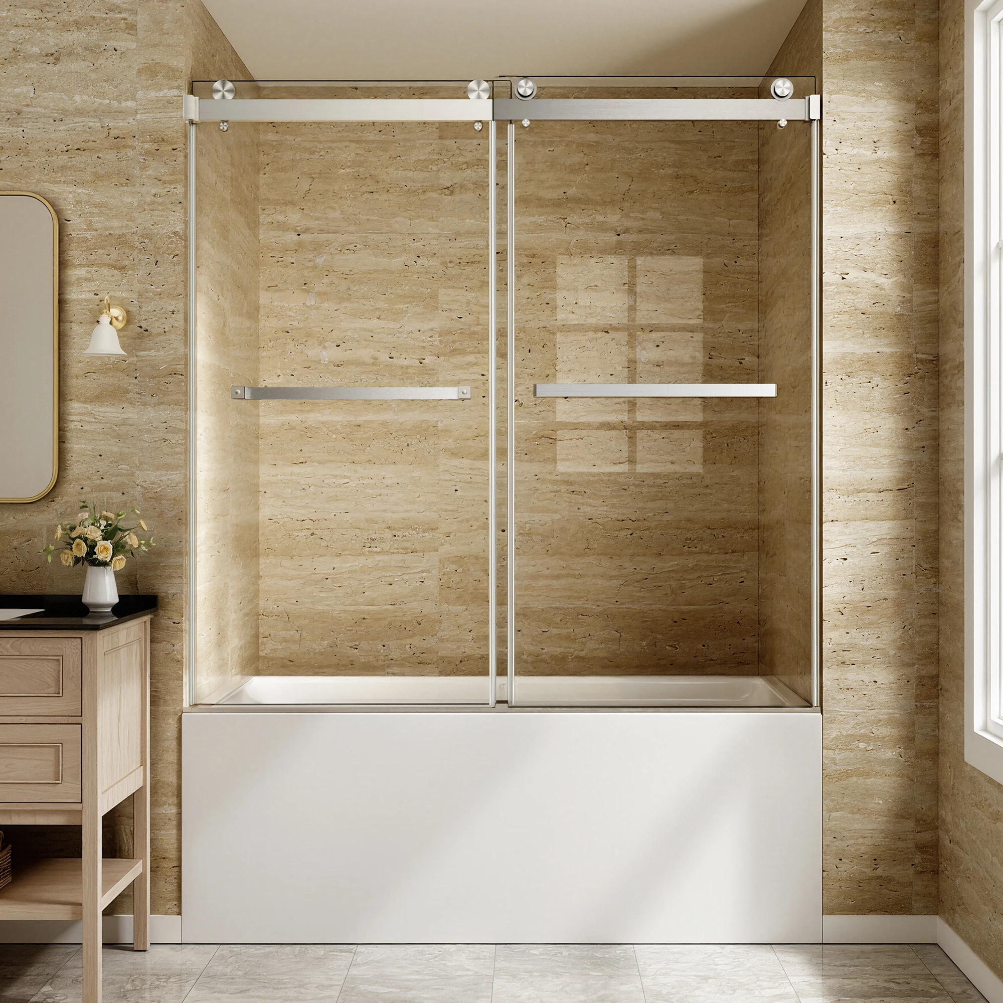 

Adjustable 56~60"W×60"H Frameless Sliding Tub Shower Enclosure,304 Brushed Stainless Steel Top Track,Reversible Double Slide & Nano-Coated ANSI Safety Tempered Glass