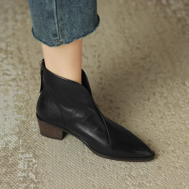 Kobiety Pointy Brown Ankle Boots High Heels Shoes Woman Vintage Chelsea Boots Autumn PU Leather Femme Mid-heel Stubby Ankle Boots