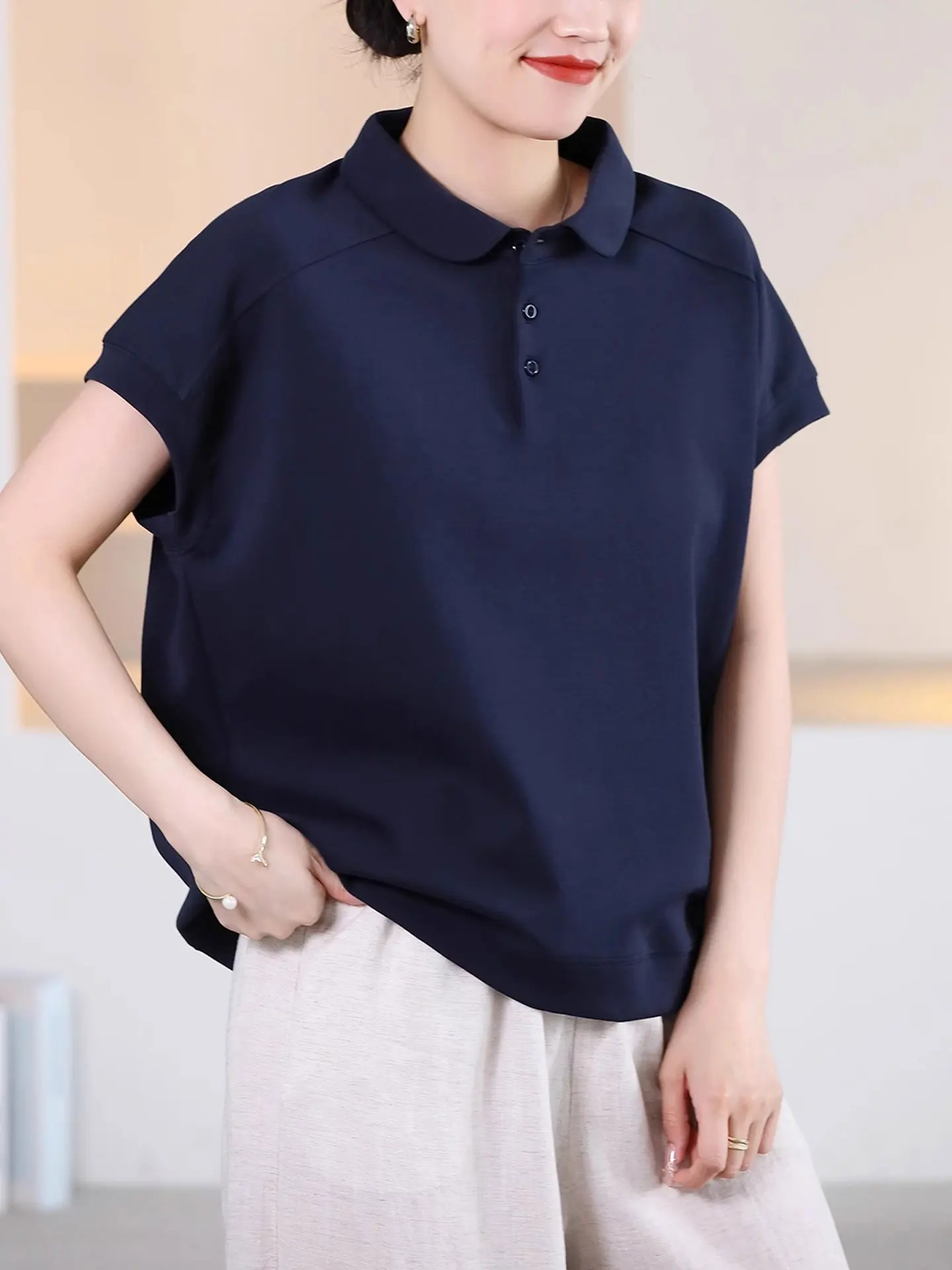 

Laid-ba Sle Casual Versatile Loose Pure Cotton T-irt Summer New Comfortable Collar ort Sve Women's Top