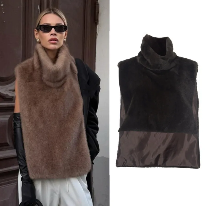 

Turtleneck Faux Fur Elegant Sweater Vest Sleeveless Woolen Fashion Crop Top Solid Color High Street Warm Tank Top Woman Clothing