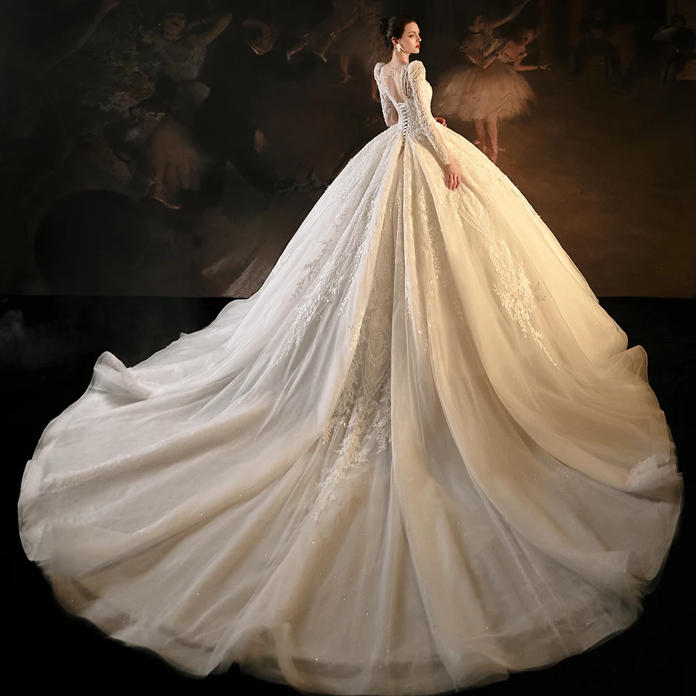 Jancember Surprise Price Gorgeous Wedding Dress Ball Gown O-Neck Illusion Embroidery Full Sleeves Button Robe De Mariée LSMX023