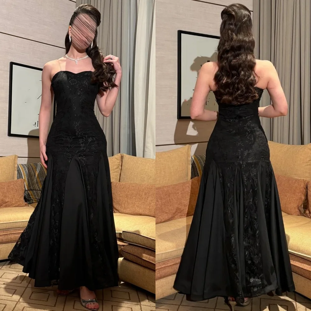 

Customized Modern Style Fashion Jersey Lace Ruched A-line Strapless Long Dresses Evening Dresses Sizes Available Matching Retro