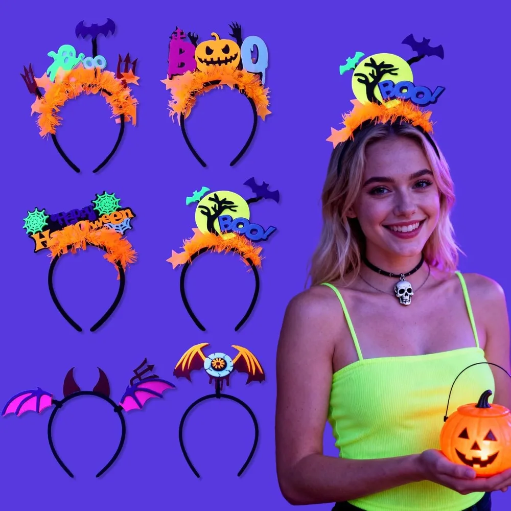 

6pcs Halloween Headbands Glow in the Dark Under Uv Light Pumpkin Bat Ghost Devil Horn Spider Boo Decorative Headwear Headp