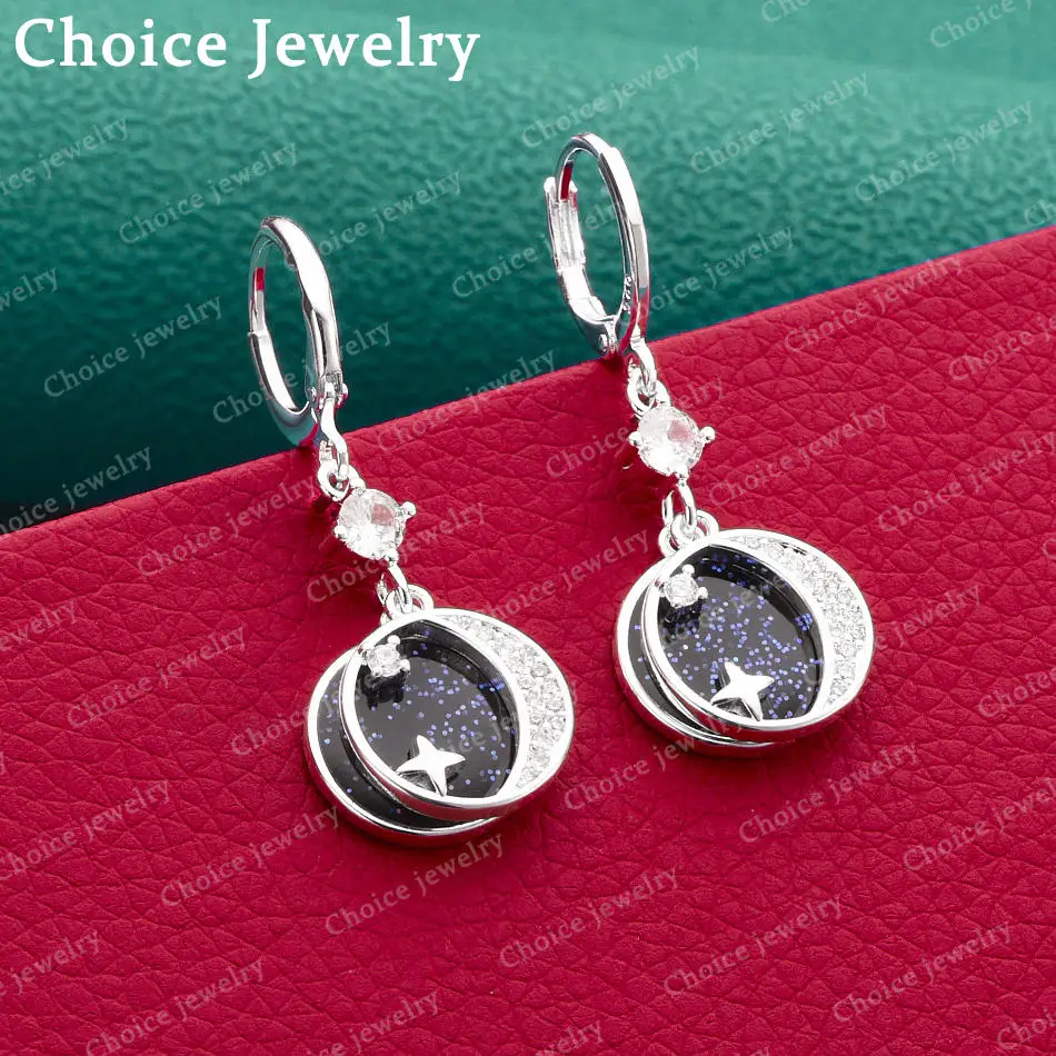 1 Pair 925 Sterling Silver inlay Zircin Night Sky Star Moon Earrings for Women's Fashion Jewelry for Everyday Accessories
