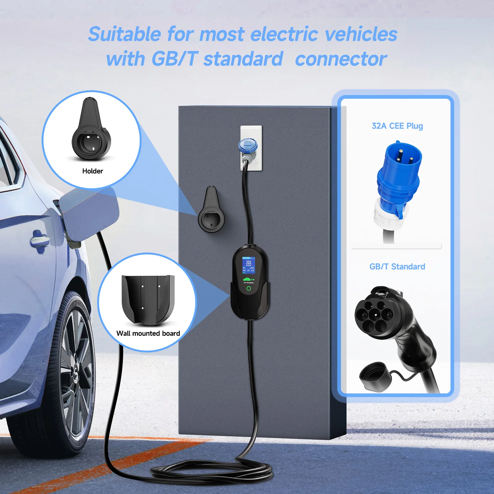 AFEEV GBT 20234 Tragbares EV-Ladegerät 7,2 kW 32 A 1 Phase Wallbox EVSE Schnellladekabel für chinesische Auto WiFi APP Bluetooth-Steuerung