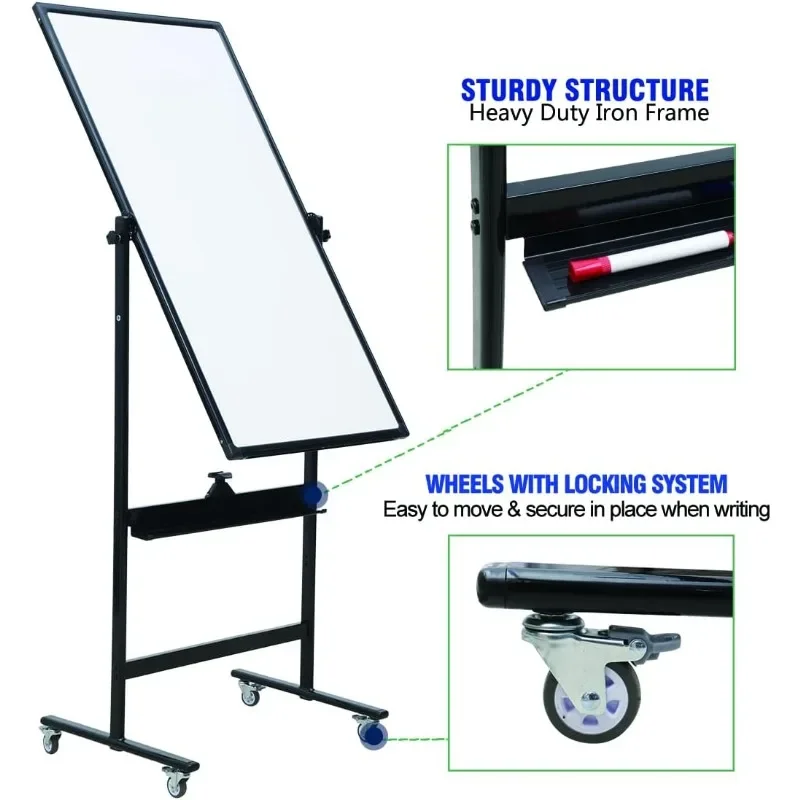 

HOT 48" x 24" Magnetic Mobile Whiteboard Reversible Double-Sided Dry Erase Board with Wheels, Portable Standing Whiteboard Easel