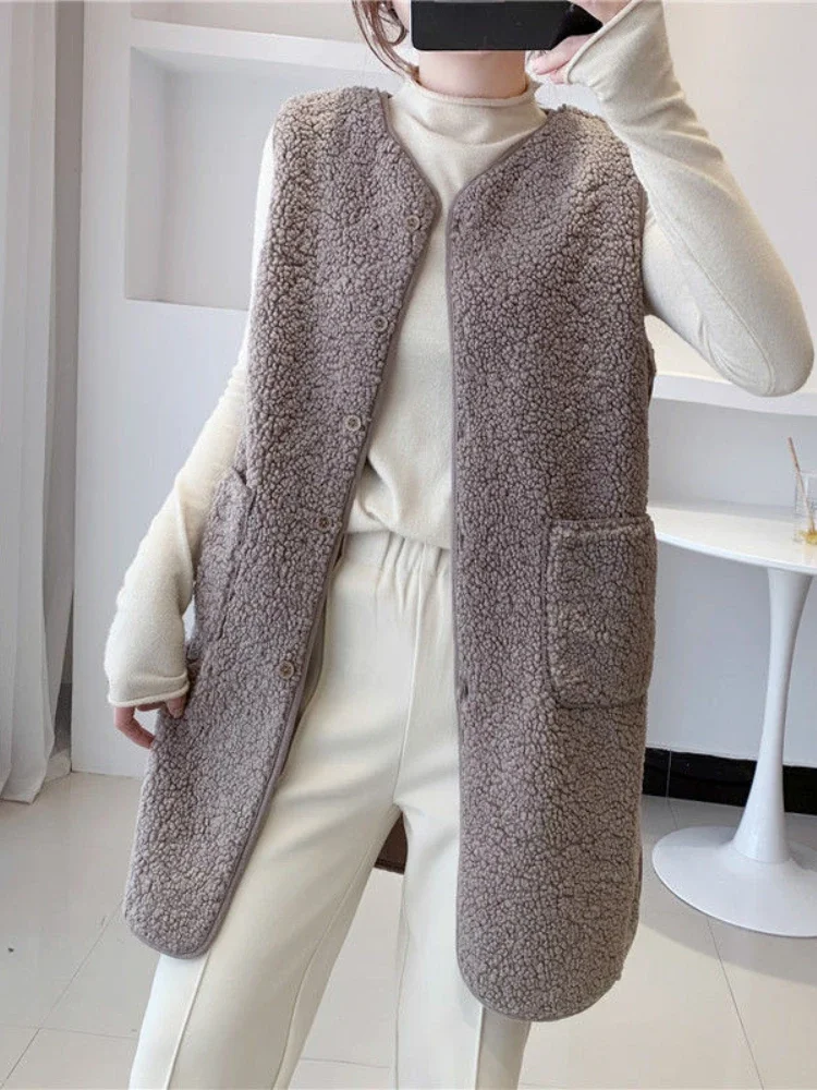 Vest Women Mid Length Waistcoat for Women Loose Fitting Autumn Winter Imitation Lamb Hair Vest Korean Vests Waistcoat Women