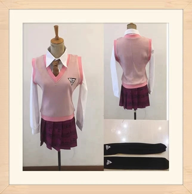 Danganronpa V3 Akamatsu Kaede Cosplay Costume Wig  Anime Uniform Skirt Set Vest + Shirt + Skirt + Socks + Tie