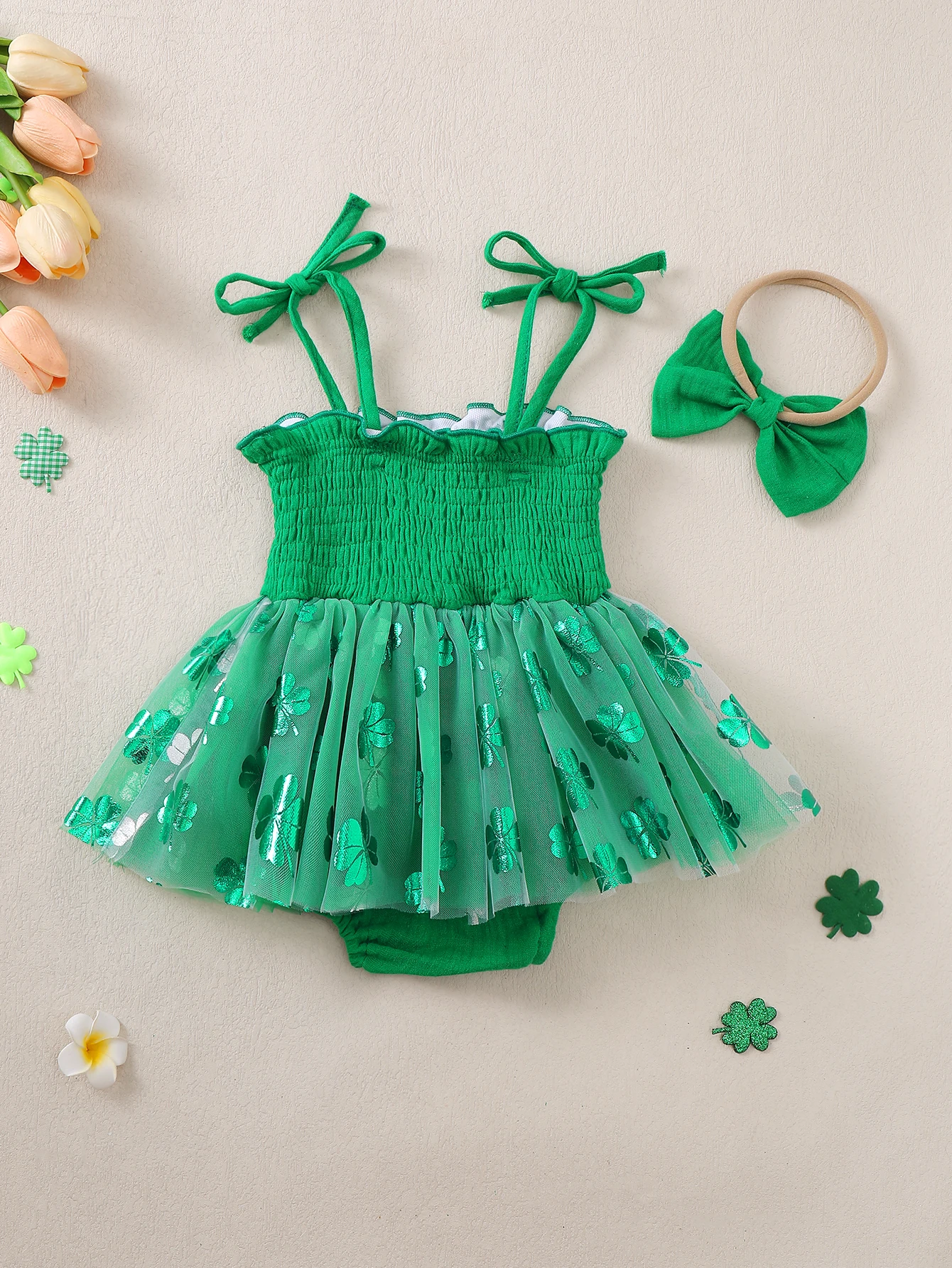 Green Four-leaf Clover Pattern Baby Girl Dress with Halter Neck Design And Headband Infant Clothing Set