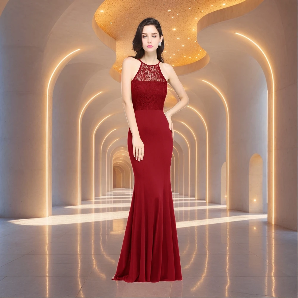 

2025 Mermaid Halter Sleeveless Black Sexy Lace Evening Dresses Women Burgundy Elegant Formal Wedding Prom Party Gowns Vestido