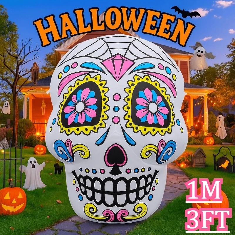 

3FT Halloween Holiday Lighting Sugar Skull Decorations Blown Up LED Decor for Lawn Yard Garden Indoor Outdoor Home Party Holiday