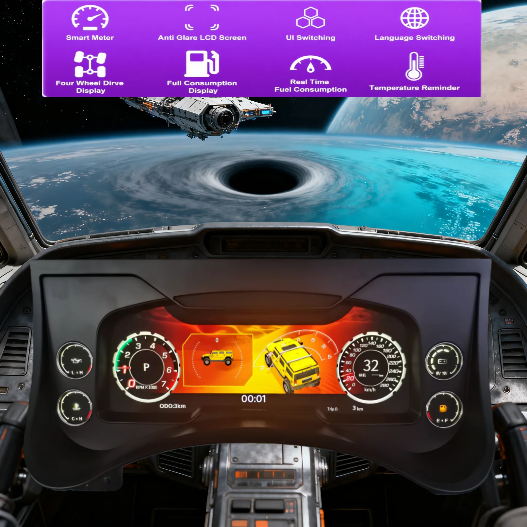 

12.3" LCD Car Cockpit Odometer For Hummer H2 2003 2004-2009 Dashboard Meter Digital Instrument Cluster Speed Panel Speedometer