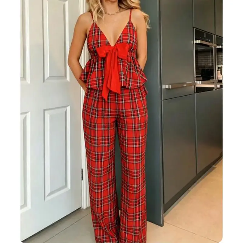 Women's Christmas Costumes Outfits Plaid Print Spaghetti Strap Ruffle Hem Bow Tied V-Neck Babydoll Tops and Long Pants 2Pcs Set - view 3