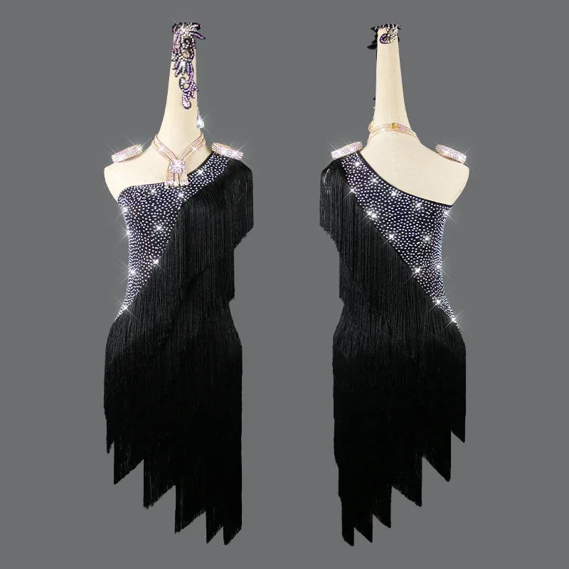 Rhinestones Latin Dance Dress For Women Black Fringe Latina Wear Womens Ballroom Competition Dresses Customize Aldult Children's