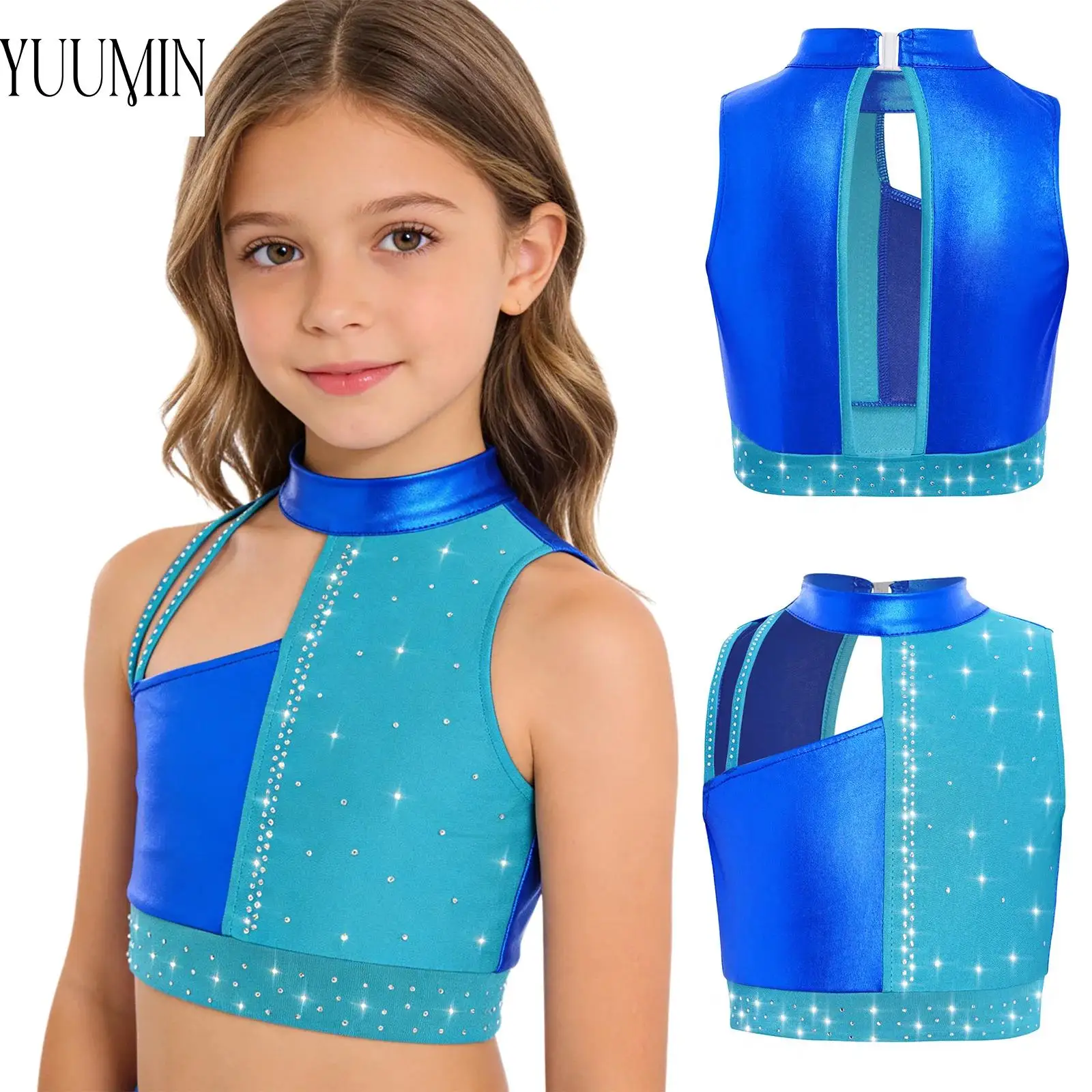 أطفال بنات الجمباز الرقص القمم الشكل التزلج أزياء مسرحية بلا أكمام انقطاع الراين لامع المحاصيل الأعلى Dancewear #1