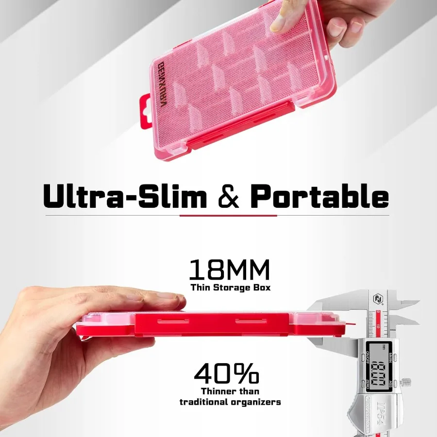 Organizador de piezas de almacenamiento plano pequeño, caja de herramientas de piezas pequeñas de plástico transparente portátil roja con divisores extraíbles para uso eficiente, 2 uds.