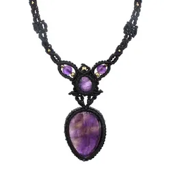 Braided Macrame Natural Amethyst Rose Quartz Gemstone Handmade Knit Adjustable Pendant Necklace For Fashion Female Jewelry Gifts