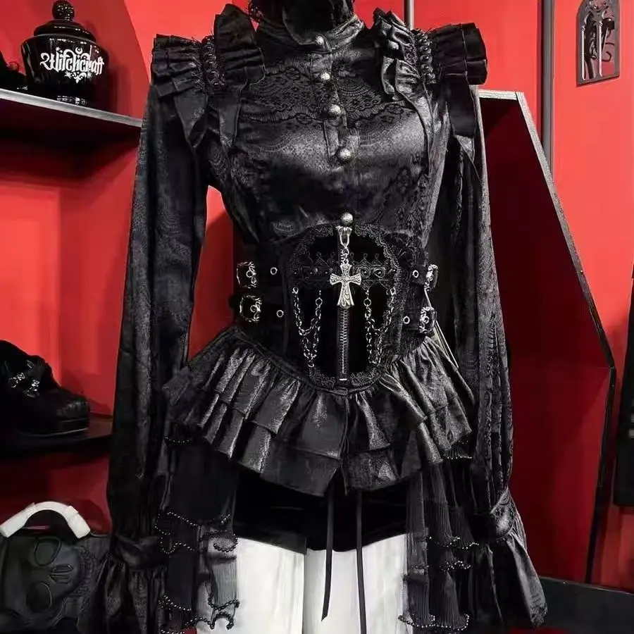 

Black Lolita Long Sleeve Tops Retro Palace Romantic Lacy Blouse Slim Gothic Devil Blouses Shirt Tops