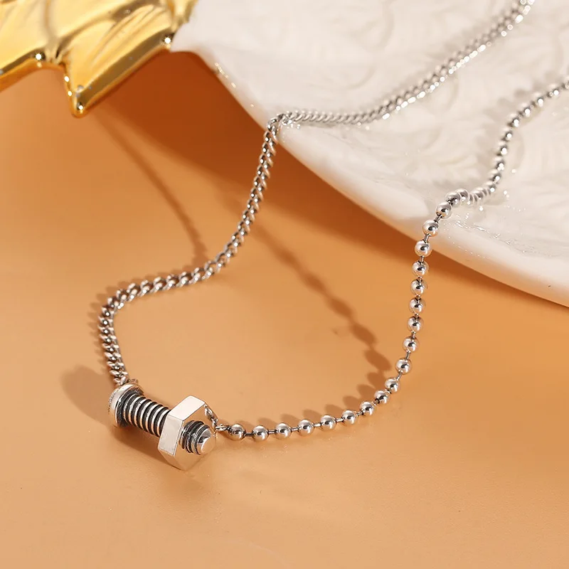 S925 sterling silver creative women clavicle chain screw nut silver necklace all-match street style trendy unique ornament