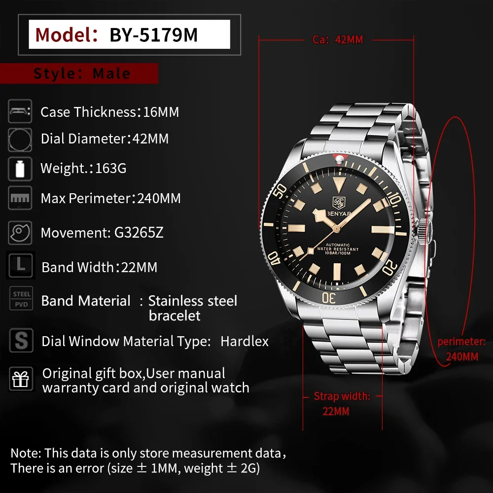 BENYAR mechaniczne męskie zegarki BB58 automatyczne Sport Watch dla mężczyzn 2023 ze stali nierdzewnej wodoodporny biznes świecący zegar