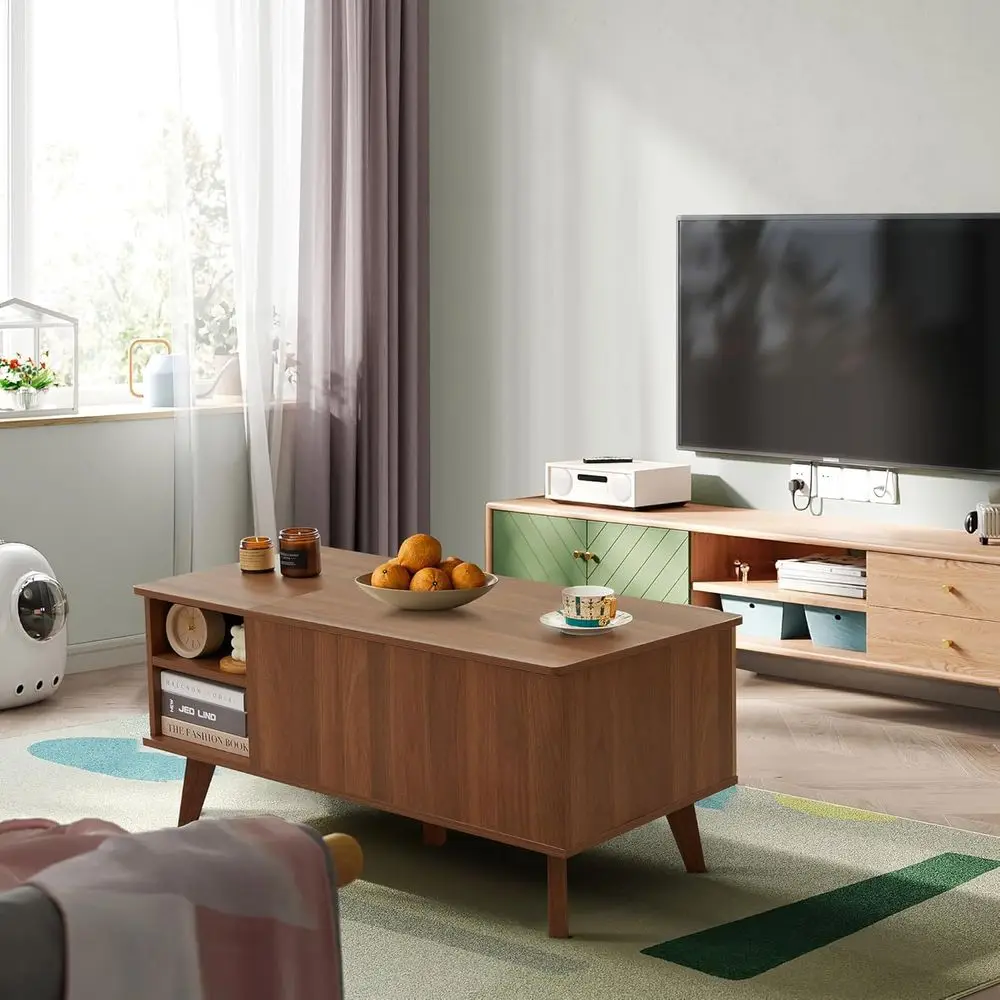 Walnut Modern Fluted Lift-Top Coffee Table with Hidden Storage & Adjustable Shelf