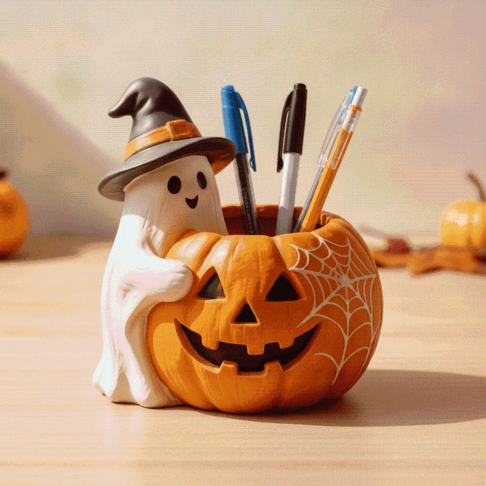 Orange Ghost Pumpkin Pen Holder Molded Compact Spooky Pencil Cup Exquisite Sturdy Multifunctional Flower Pot Office