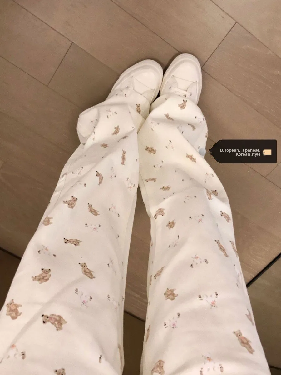

High Waist Straight Leg White Denim Jeans Women's Summer New Design Trendy Bear Print Large Size Casual Fashion