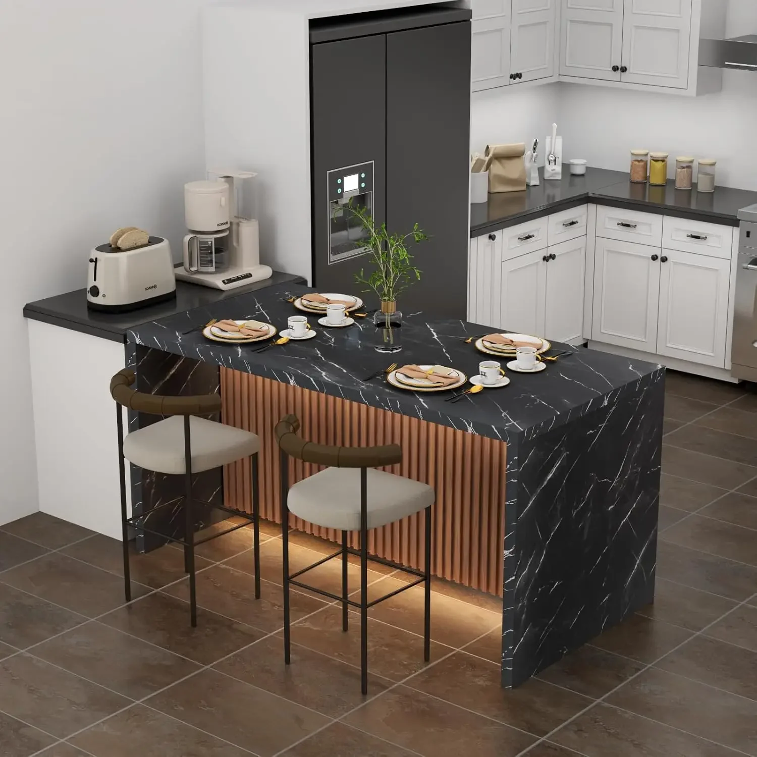 [Spedizione gratuita, offerta calda! ] Tavolo da pranzo grande in finto marmo da 63" per 4-6 persone, tavolo da isola con luci a LED, marmo moderno S