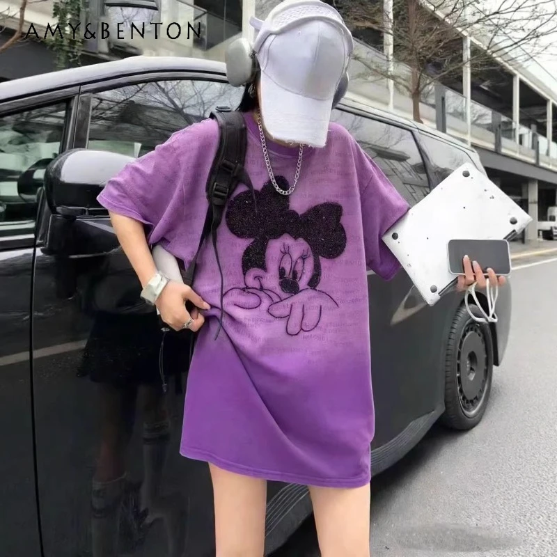 

European Style Spring T-shirt Women's 2026 New Heavy Craft Brushed Fabric Cartoon Embossed Loose Fit Mid-length Top Y2k Tshirts