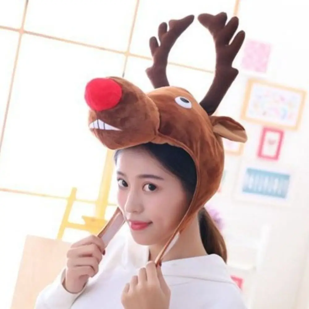 Funny Elk Head Cover Hat Photo Prop Cute Cartoon Animal Cap Birthday Gift Christmas Plush Toy Headgear Clothes Accessories