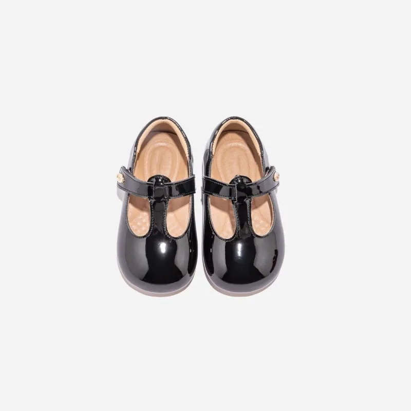 Baby Lederschuhe Schwarz Glänzend Kinder Flache Schuhe Runde Zehen Weiche Sohle 2026 Brandneue Baby Lauflernschuhe Rutschfest Prinzessinnen-Stil – Detail 6