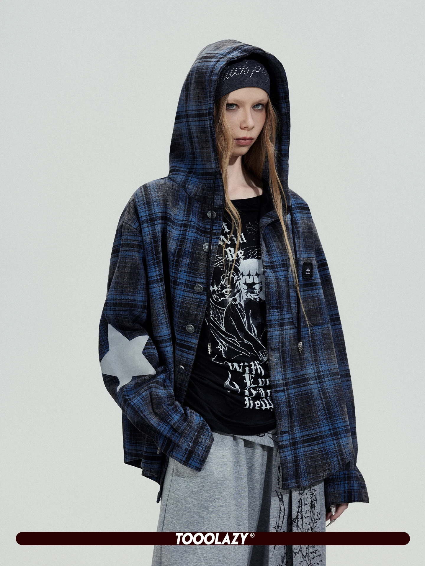 

TOOOLAZY Blue Plaid Print Casual Sle Long Sve Hooded irt Loose Fit Spring 2026 Women's Cotton Polyester Blend irt