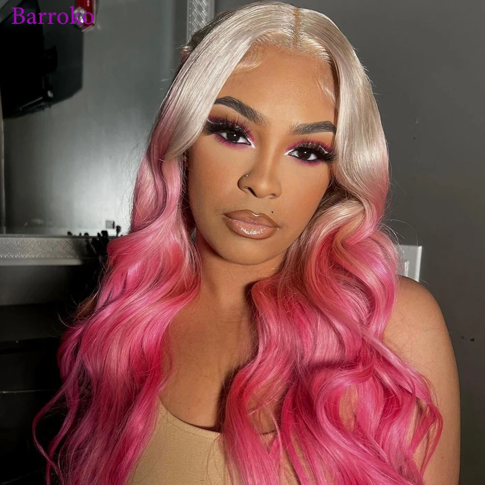 Barroko Omber Grey Pink Colored  Body Wave Human Hair Wigs 180% Density 13x6 Lace Front Wig Human Hair 14-34 Inch 613 Remy Hair