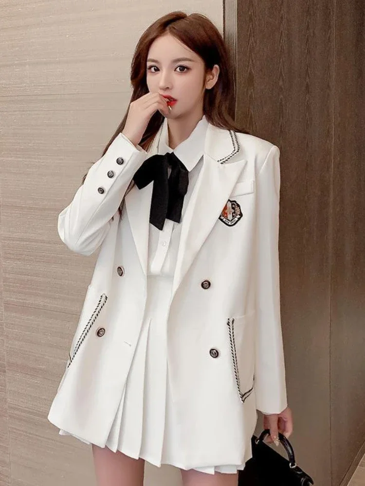 Insozkdg College Style Suit Three-pieces Set Bow Tie Shirt + Blazer  Pleated Skirt Uniform Female White  Women  Sets